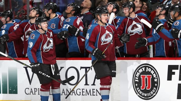 DENVER, CO - DECEMBER 27: Nathan MacKinnon #29 and Mikko Rantanen of the Colorado Avalanche celebrate a goal against the Calagary Flames at the Pepsi Center on December 27, 2016 in Denver, Colorado. (Photo by Matthew Stockman/Getty Images)