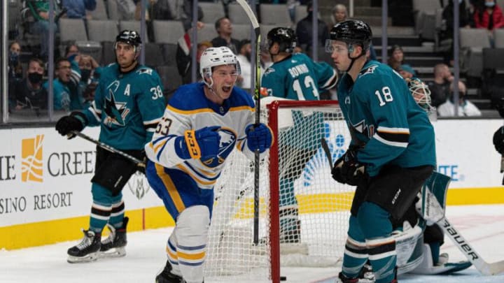 Buffalo Sabres left wing Jeff Skinner (53) reacts after his teammate scored a goal during the third period against the San Jose Sharks. Stan Szeto-USA TODAY Sports