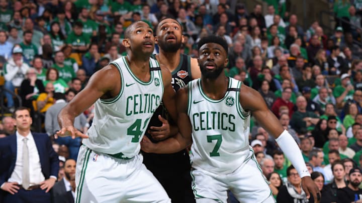 BOSTON, MA - APRIL 24: Al Horford #42 and Jaylen Brown #7 of the Boston Celtics box out during Game Five of Round One of the 2018 NBA Playoffs against the Milwaukee Bucks on April 24, 2018 at the TD Garden in Boston, Massachusetts. NOTE TO USER: User expressly acknowledges and agrees that, by downloading and or using this photograph, User is consenting to the terms and conditions of the Getty Images License Agreement. Mandatory Copyright Notice: Copyright 2018 NBAE (Photo by Brian Babineau/NBAE via Getty Images)