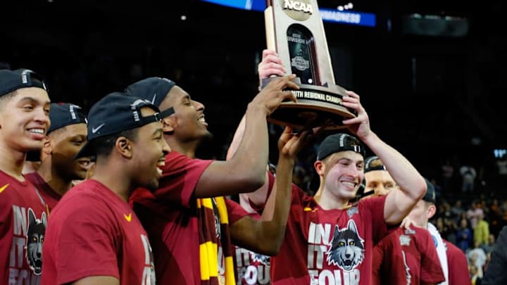 ATLANTA, GA - MARCH 24: The Loyola Ramblers celebrate after defeating the Kansas State Wildcats during the 2018 NCAA Men's Basketball Tournament South Regional at Philips Arena on March 24, 2018 in Atlanta, Georgia. Loyola defeated Kansas State 78-62 to advance to the Final Four. (Photo by Kevin C. Cox/Getty Images)