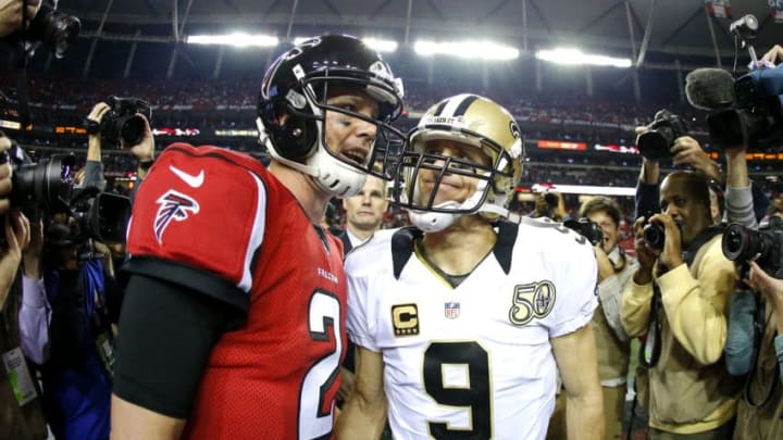ATLANTA, GA - JANUARY 01: Atlanta Falcons quarterback Matt Ryan (2) speaks with New Orleans Saints quarterback Drew Brees (9) at the conclusion of an NFL football game on January 1, 2017, at Georgia Dome in Atlanta, GA. The Atlanta Falcons defeated the New Orleans Saints 38-32. (Photo by Todd Kirkland/Icon Sportswire via Getty Images)