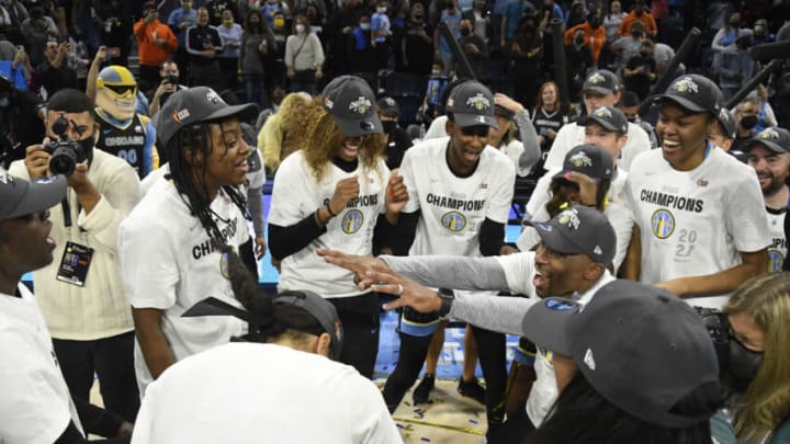 Oct 17, 2021; Chicago, Illinois, USA; Chicago Sky head coach James Wade, right, dances with the team after the Chicago Sky beat the Phoenix Mercury 80-74 in game four of the 2021 WNBA Finals at Wintrust Arena. Mandatory Credit: Matt Marton-USA TODAY Sports