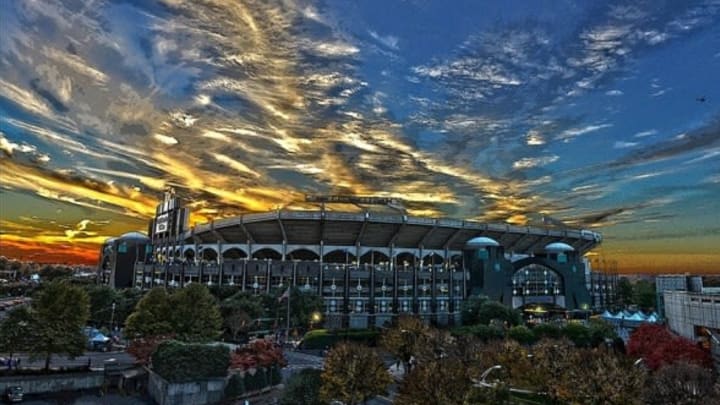 Nov 18, 2013; Charlotte, NC, USA; An overall view of sunset over Bank of America Stadium. Editors note; This image was manipulated using photoshop filters. Mandatory Credit: Bob Donnan-USA TODAY Sports