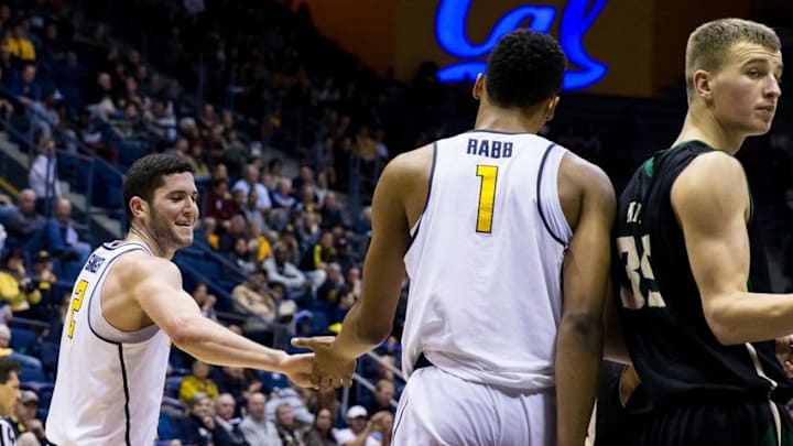 Dec 17, 2016; Berkeley, CA, USA; California Golden Bears guard Sam Singer (2) and forward Ivan Rabb (1) react in the game against the Cal Poly Mustangs in the first period at Haas Pavilion. Mandatory Credit: John Hefti-USA TODAY Sports