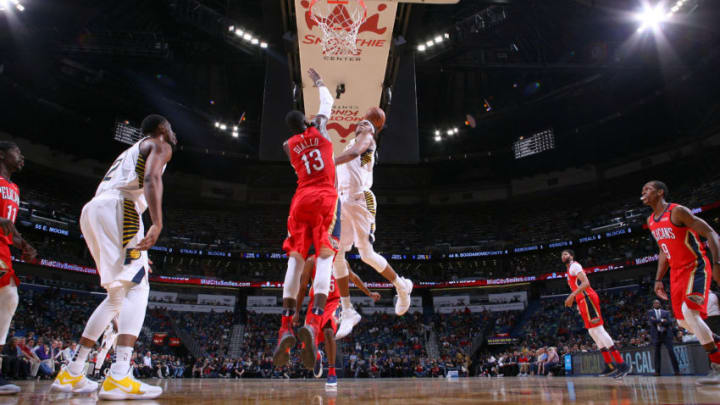 NEW ORLEANS, LA - MARCH 21: Myles Turner #33 of the Indiana Pacers dunks the ball against the New Orleans Pelicans on March 21, 2018 at Smoothie King Center in New Orleans, Louisiana. NOTE TO USER: User expressly acknowledges and agrees that, by downloading and/or using this photograph, user is consenting to the terms and conditions of the Getty Images License Agreement. Mandatory Copyright Notice: Copyright 2018 NBAE (Photo by Layne Murdoch/NBAE via Getty Images)