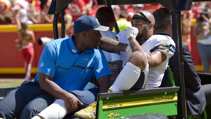 Sep 11, 2016; Kansas City, MO, USA; San Diego Chargers wide receiver Keenan Allen (13) is carted off of the field after an injury during the first half against the Kansas City Chiefs at Arrowhead Stadium. Mandatory Credit: Denny Medley-USA TODAY Sports