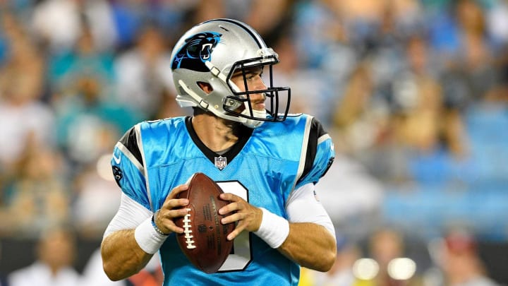 CHARLOTTE, NC – AUGUST 17: Taylor Heinicke #6 of the Carolina Panthers throws a pass against the Miami Dolphins in the second quarter during the game at Bank of America Stadium on August 17, 2018 in Charlotte, North Carolina. (Photo by Grant Halverson/Getty Images)