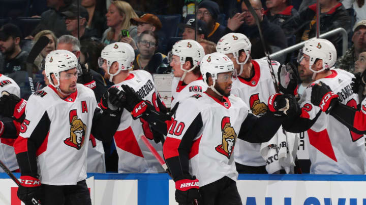 BUFFALO, NY - APRIL 4: Anthony Duclair #10 of the Ottawa Senators celebrates his first period goal during an NHL game against the Buffalo Sabres on April 4, 2019 at KeyBank Center in Buffalo, New York. (Photo by Bill Wippert/NHLI via Getty Images)