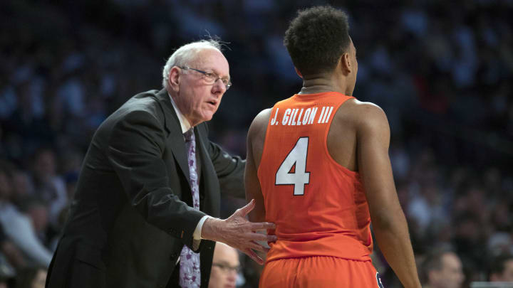 Feb 19, 2017; Atlanta, GA, USA; Syracuse Orange head coach Jim Boeheim talks with guard John Gillon (4) in the first half of their game against the Georgia Tech Yellow Jackets at McCamish Pavilion. The Yellow Jackets won 71-65. Mandatory Credit: Jason Getz-USA TODAY Sports