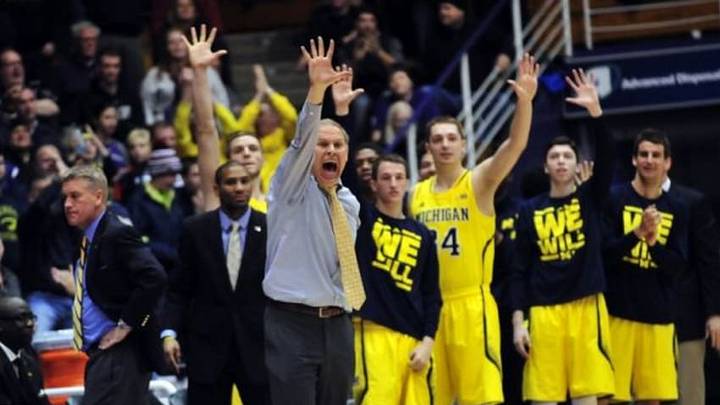 Mar 3, 2015; Evanston, IL, USA; Michigan Wolverines head coach John Beilein shouts instructions during the first overtime at Welsh-Ryan Arena. The Northwestern Wildcats defeated the Michigan Wolverines 82-78 in double overtime. Mandatory Credit: David Banks-USA TODAY Sports Mar 3, 2015; Evanston, IL, USA; Michigan Wolverines head coach John Beilein shouts instructions during the first overtime at Welsh-Ryan Arena. The Northwestern Wildcats defeated the Michigan Wolverines 82-78 in double overtime. Mandatory Credit: David Banks-USA TODAY Sports