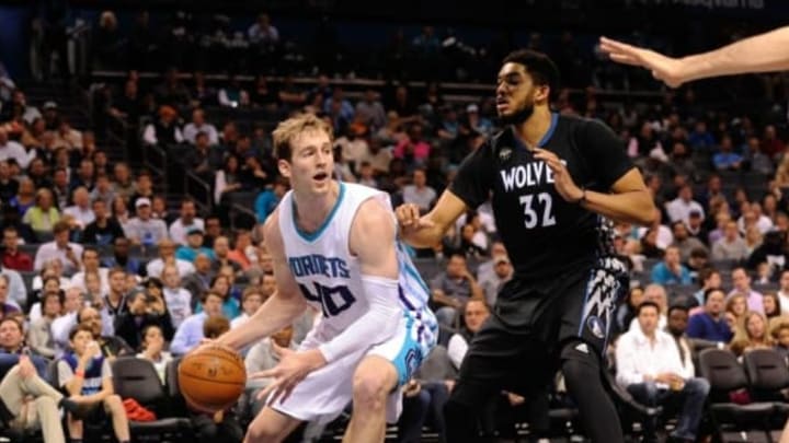 Mar 7, 2016; Charlotte, NC, USA; Charlotte Hornets forward center Cody Zeller (40) looks to pass the ball during the second half of the game against the Minnesota Timberwolves at Time Warner Cable Arena. Hornets win 108-103. Mandatory Credit: Sam Sharpe-USA TODAY Sports