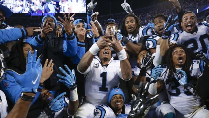 Jan 24, 2016; Charlotte, NC, USA; Carolina Panthers team members pose for a photo during the fourth quarter against the Arizona Cardinals in the NFC Championship football game at Bank of America Stadium. Mandatory Credit: Jason Getz-USA TODAY Sports