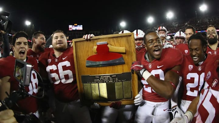 PALO ALTO, CA - NOVEMBER 18: Stanford Cardinal players celebrate with 'The Stanford Axe' after they beat the California Golden Bears at Stanford Stadium on November 18, 2017 in Palo Alto, California. (Photo by Ezra Shaw/Getty Images)