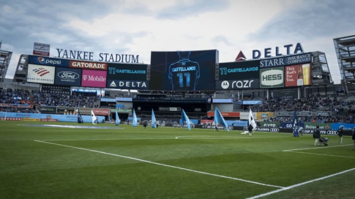 NEW YORK, NY - NOVEMBER 21: The Jumbotron shows the back of Valentin Castellanos #11 of New York City FC in graphics at the start of the 2021 Audi MLS Cup Playoff match at Yankee Stadium against the Atlanta United on November 21, 2021 in New York, New York. (Photo by Ira L. Black - Corbis/Getty Images)