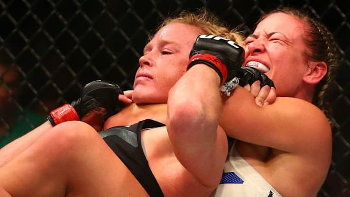 March 5, 2016; Las Vegas, NV, USA; Miesha Tate celebrates her victory by submission against Holly Holm during UFC 196 at MGM Grand Garden Arena. Mandatory Credit: Mark J. Rebilas-USA TODAY Sports