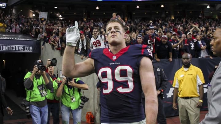Dec 28, 2014; Houston, TX, USA; Houston Texans defensive end J.J. Watt (99) waves to the crowd after the Texans defeated the Jacksonville Jaguars 23-17 at NRG Stadium. Mandatory Credit: Troy Taormina-USA TODAY Sports