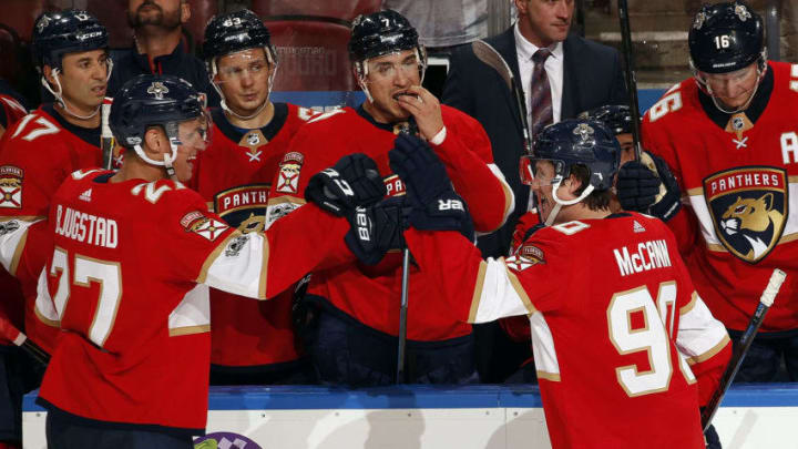 SUNRISE, FL - OCTOBER 7: Jared McCann #90 of the Florida Panthers celebrates his goal with teammate Nick Bjugstad #27 against the Tampa Bay Lightning at the BB&T Center on October 7, 2017 in Sunrise, Florida. (Photo by Eliot J. Schechter/NHLI via Getty Images)