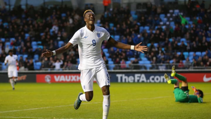 MANCHESTER, ENGLAND - NOVEMBER 15: Tammy Abraham of England celebrates scoring his sides third goal during the U19 International friendly match between England and Japan at Manchester City Academy Stadium on November 15, 2015 in Manchester, England. (Photo by Dave Thompson/Getty Images)