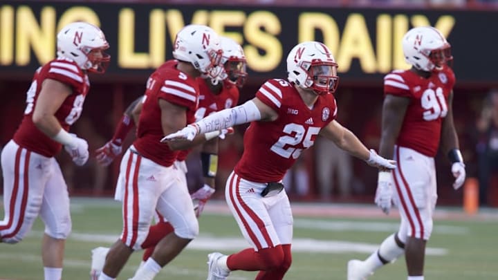 Sep 17, 2016; Lincoln, NE, USA; Nebraska Cornhuskers Nate Gerry (25) celebrates during the final moments of the game against the Oregon Ducks in the second half at Memorial Stadium. Nebraska won 35-32. Mandatory Credit: Bruce Thorson-USA TODAY Sports