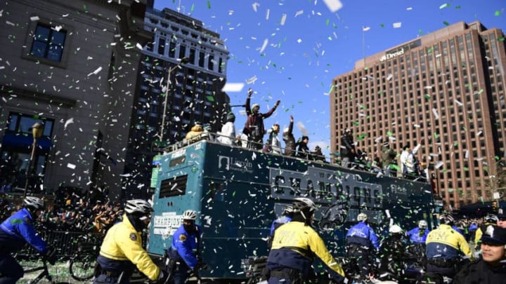 PHILADELPHIA, PA - FEBRUARY 08: Philadelphia Eagles players riding a bus relish the celebration during festivities on February 8, 2018 in Philadelphia, Pennsylvania. The city celebrated the Philadelphia Eagles' Super Bowl LII championship with a victory parade. (Photo by Corey Perrine/Getty Images)