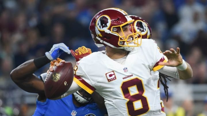 Oct 23, 2016; Detroit, MI, USA; Washington Redskins quarterback Kirk Cousins (8) drops back to pass during the first quarter against the Detroit Lions at Ford Field. Mandatory Credit: Tim Fuller-USA TODAY Sports
