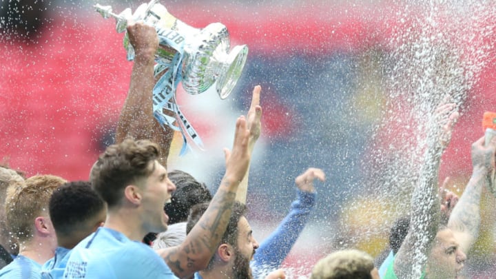 LONDON, ENGLAND - MAY 18: General view of the FA Cup being fifted my Manchester City players during the FA Cup Final match between Manchester City and Watford at Wembley Stadium on May 18, 2019 in London, England. (Photo by Alex Morton/Getty Images)