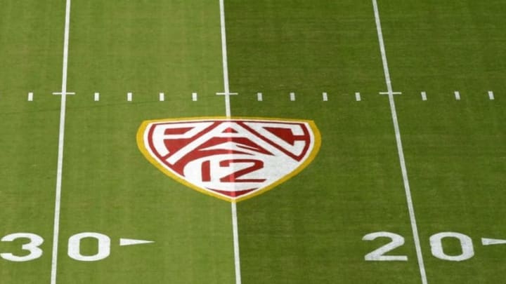 Sep 19, 2015; Los Angeles, CA, USA; General view of Pac-12 logo on the field at the Los Angeles Memorial Coliseum before the NCAA football game between the Stanford Cardinal and Southern California Trojans. Mandatory Credit: Kirby Lee-USA TODAY Sports