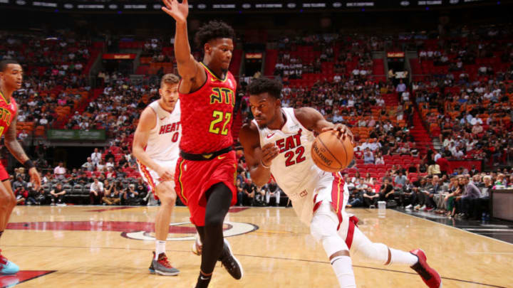 Jimmy Butler #22 of the Miami Heat drives to the basket against the Atlanta Hawks (Photo by Issac Baldizon/NBAE via Getty Images)