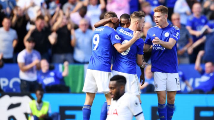 LEICESTER, ENGLAND - SEPTEMBER 21: Ricardo Pereira of Leicester City celebrates after scoring his team's first goal with team mates Jamie Vardy, James Maddison and Harvey Barnes during the Premier League match between Leicester City and Tottenham Hotspur at The King Power Stadium on September 21, 2019 in Leicester, United Kingdom. (Photo by Laurence Griffiths/Getty Images)