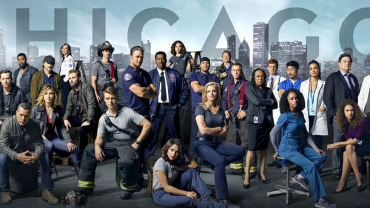 CHICAGO FRANCHISE -- Season: 2015 -- Pictured: (l-r) "Chicago P.D." top row; Marina Squerciati as Officer Kim Burgess, Brian Geraghty as Officer Sean Roman, Jesse Lee Soffer as Detective Jay Halstead, LaRoyce Hawkins as Detective Kevin Atwater, Elias Koteas as Detective Alvin Olinsky, Amy Morton as Desk Sgt. Trudy Platt, Patrick John Flueger as Officer Adam Ruzek bottom row; Jon Seda as Detective Antonio Dawson, Jason Beghe as Sergeant Hank Voight, Sophia Bush as Detective Erin Lindsay; "Chicago Fire", Yuri Sardarov as Brian ?"Otis"? Zvonecek, Jesse Spencer as Matthew Casey, Taylor Kinney as Kelly Severide, Eamonn Walker as Chief Wallace Boden, Dora Madison Burge as Jessica ?Chill? Clinton, Monica Raymund as Gabriela Dawson, Kara Killmer as Sylvie Brett, Joe Minoso as Joe Cruz, Christian Stolte as Randy ?Mouch? McHolland, David Eigenberg as Christopher Herrmann; "Chicago Med" top row: S. Epatha Merkerson as Sharon Goodwin, Nick Gehlfuss as Dr. Will Halstead, Brian Tee as Ethan, Torrey DeVitto as Dr. Lily Manning, Oliver Platt as Dr. Daniel Charles, Colin Donnell as Connor Bradhaw; seated: Yaya DaCosta as Nurse April Sexton, Rachel DiPillo as Dr. Sarah Reese (Photo by: Mark Seliger/NBC)