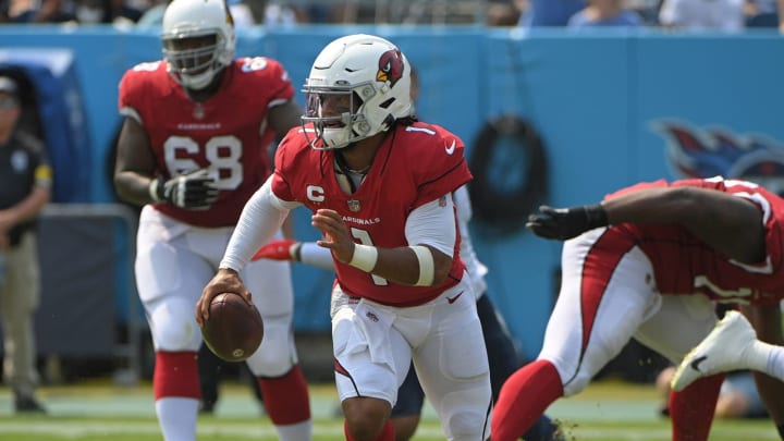 Sep 12, 2021; Nashville, Tennessee, USA; Arizona Cardinals quarterback Kyler Murray (1) scrambles against the Tennessee Titans during the first half at Nissan Stadium. Mandatory Credit: Steve Roberts-USA TODAY Sports