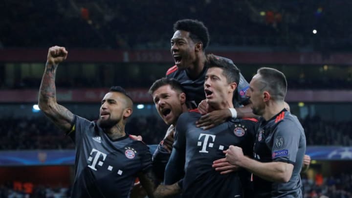 LONDON, UNITED KINGDOM - MARCH 7: Bayern Munich players celebrate after a goal during the UEFA Champions League match between Arsenal FC and Bayern Munich at Emirates Stadium on March 7, 2017 in London, England. (Photo by Tolga Akmen/Anadolu Agency/Getty Images)
