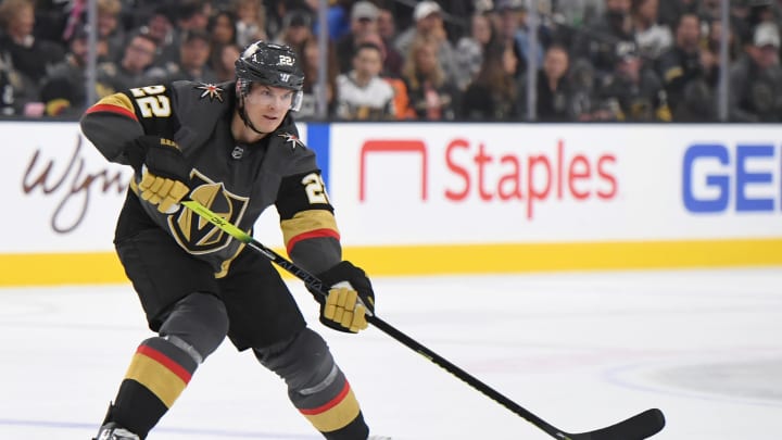 LAS VEGAS, NEVADA – OCTOBER 27: Nick Holden #22 of the Vegas Golden Knights passes against the Anaheim Ducks in the second period of their game at T-Mobile Arena on October 27, 2019 in Las Vegas, Nevada. The Golden Knights defeated the Ducks 5-2. (Photo by Ethan Miller/Getty Images)