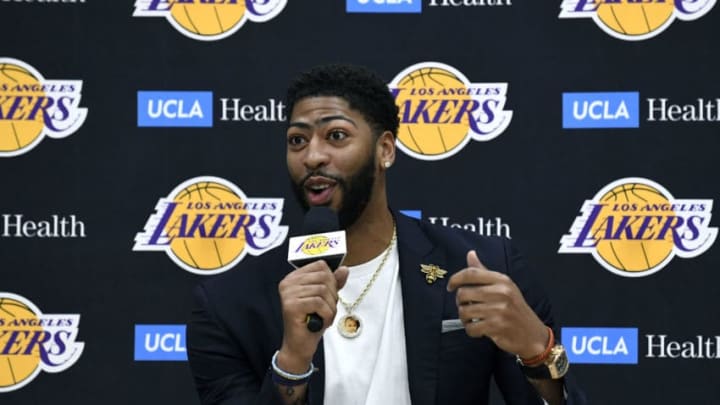 EL SEGUNDO, CALIFORNIA - JULY 13: Anthony Davis speaks as he is introduced as the newest player of the Los Angeles Lakers during a press conference at UCLA Health Training Center on July 13, 2019 in El Segundo, California. NOTE TO USER: User expressly acknowledges and agrees that, by downloading and/or using this Photograph, user is consenting to the terms and conditions of the Getty Images License Agreement. (Photo by Kevork Djansezian/Getty Images)
