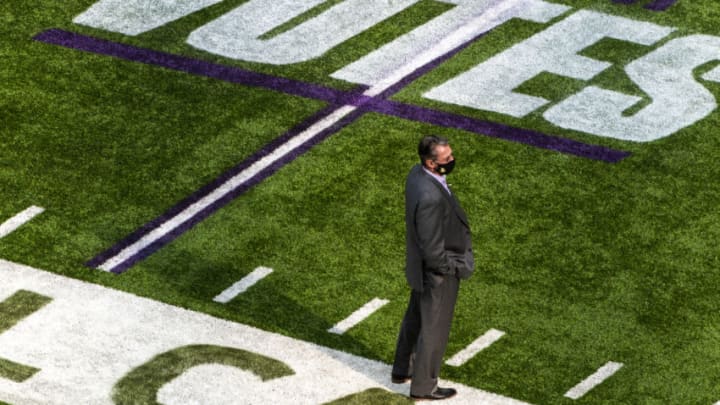 MINNEAPOLIS, MN - OCTOBER 18: "Minnesota Votes" is painted on the field as General Manager Rick Spielman of the Minnesota Vikings looks on before the game against the Atlanta Falcons at U.S. Bank Stadium on October 18, 2020 in Minneapolis, Minnesota. (Photo by Stephen Maturen/Getty Images)