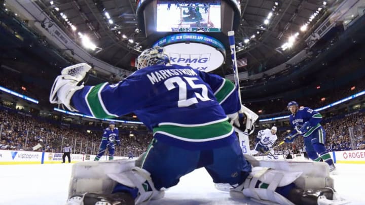 VANCOUVER, BC - MARCH 6: Jacob Markstrom #25 of the Vancouver Canucks makes a save during their NHL game against the Toronto Maple Leafs at Rogers Arena March 6, 2019 in Vancouver, British Columbia, Canada. Vancouver won 3-2. (Photo by Jeff Vinnick/NHLI via Getty Images)