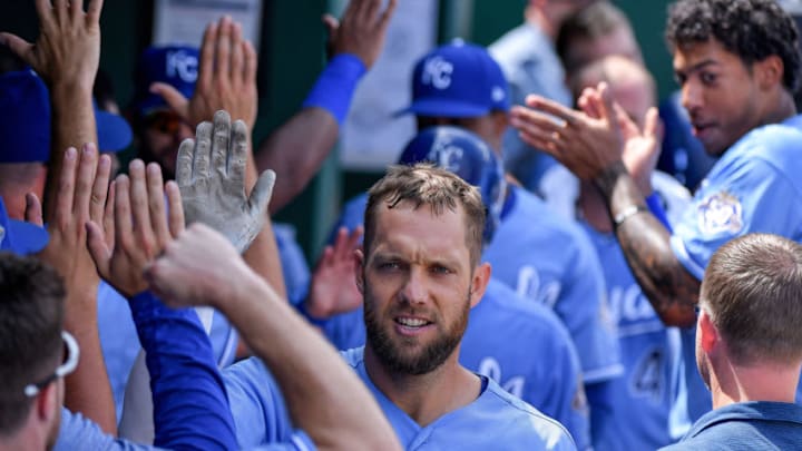 Kansas City Royals' Alex Gordon is congratulated after hitting a two-run home run in the third inning against the Detroit Tigers on Wednesday, Aug. 29, 2018 at Kauffman Stadium in Kansas City, Mo. (John Sleezer/Kansas City Star/TNS via Getty Images)