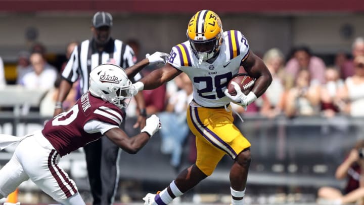 STARKVILLE, MISSISSIPPI - SEPTEMBER 16: Kaleb Jackson #28 of the LSU Tigers carries the ball during the game against the Mississippi State Bulldogs at Davis Wade Stadium on September 16, 2023 in Starkville, Mississippi. (Photo by Justin Ford/Getty Images)