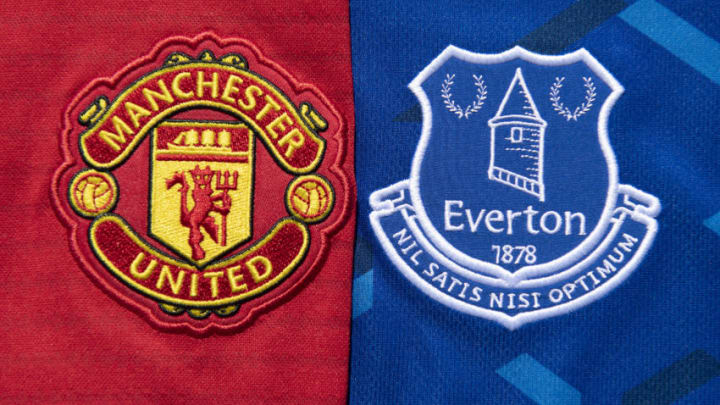 Manchester United and Everton club crests (Photo by Visionhaus)