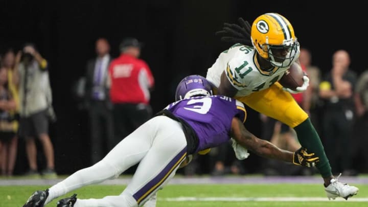 Green Bay Packers wide receiver Sammy Watkins (11) makes a reception while being covered by Minnesota Vikings cornerback Cameron Dantzler Sr. (3) during the fourth quarter of their game Sunday, September 11, 2022 at U.S. Bank Stadium in Minneapolis, Minn. The Minnesota Vikings beat the Green Bay Packers 23-7.Packers11 14