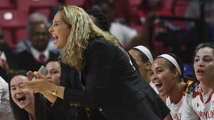 COLLEGE PARK, MD – FEBRUARY 25:Maryland Terrapins head coach Brenda Frese cheers on her team during the first half of the game between the Maryland Terrapins and the Nebraska Cornhuskers at the Xfinity Center on Sunday, February 25, 2018. (Photo by Toni L. Sandys/The Washington Post via Getty Images)