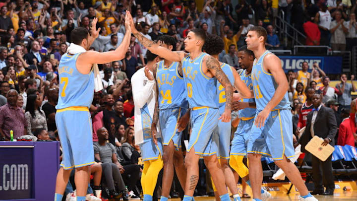 LOS ANGELES, CA - OCTOBER 25: Los Angeles Lakers celebrate during the game against the Washington Wizards on October 25, 2017 at STAPLES Center in Los Angeles, California. NOTE TO USER: User expressly acknowledges and agrees that, by downloading and/or using this Photograph, user is consenting to the terms and conditions of the Getty Images License Agreement. Mandatory Copyright Notice: Copyright 2017 NBAE (Photo by Andrew D. Bernstein/NBAE via Getty Images)