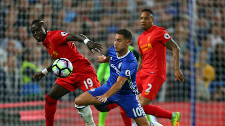 LONDON, ENGLAND - SEPTEMBER 16: Sadio Mane of Liverpool and Eden Hazard of Chelsea during the Premier League match between Chelsea and Liverpool at Stamford Bridge on September 16, 2016 in London, England. (Photo by Catherine Ivill - AMA/Getty Images)
