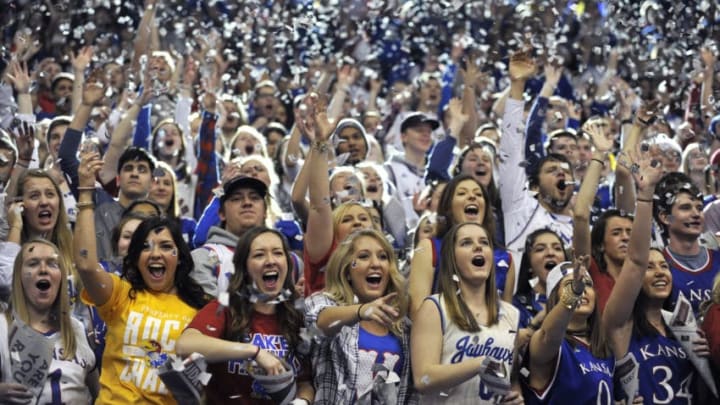 LAWRENCE, KS - JANUARY 21: Kansas Jayhawks fans cheer on their team as they are introduced prior to a game against the Texas Longhorns in the first half at Allen Field House on January 21, 2017 in Lawrence, Kansas. (Photo by Ed Zurga/Getty Images)