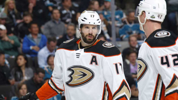 SAN JOSE, CA – APRIL 16: Ryan Kesler #17 of the Anaheim Ducks looks on during the game against the San Jose Sharks in Game Three of the Western Conference First Round during the 2018 NHL Stanley Cup Playoffs at SAP Center on April 16, 2018, in San Jose, California. (Photo by Rocky W. Widner/NHL/Getty Images) *** Local Caption *** Ryan Kesler