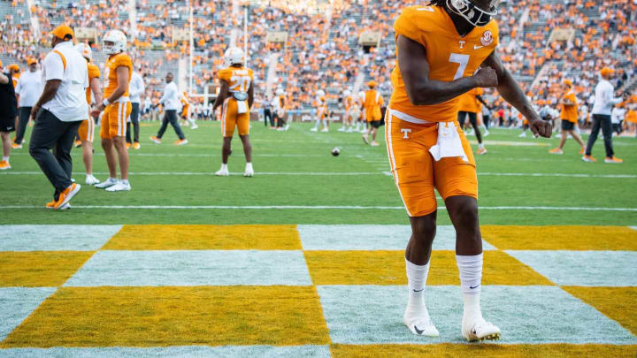 Tennessee quarterback Joe Milton III (7) dances in the end zone before Tennessee’s home football game against Akron in Neyland Stadium in Knoxville, Tenn., on Saturday, Sept. 17, 2022.Kns Ut Akron Football Bp