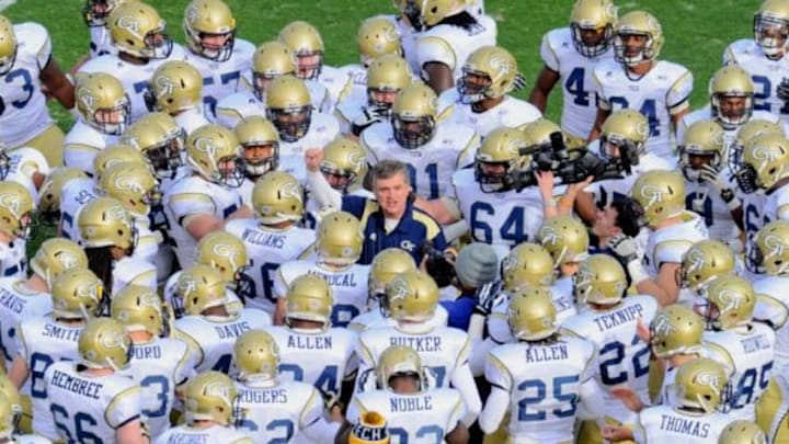 Nov 30, 2013; Atlanta, GA, USA; Georgia Tech Yellow Jackets head coach Paul Johnson talks to his players prior to the game against the Georgia Bulldogs at Bobby Dodd Stadium. Mandatory Credit: Dale Zanine-USA TODAY Sports