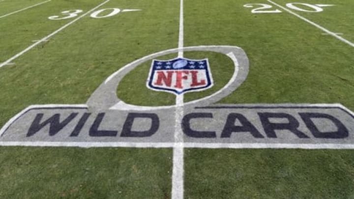 Jan 3, 2015; Charlotte, NC, USA; A view of the NFL Wild Card logo on the field before the 2014 NFC Wild Card playoff football game between the Carolina Panthers and the Arizona Cardinals at Bank of America Stadium. Mandatory Credit: Bob Donnan-USA TODAY Sports