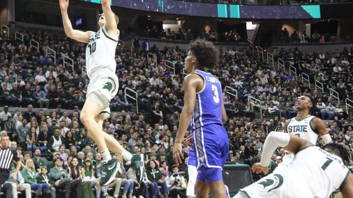 MSU’s Joey Hauser drops in a layup against Buffalo Friday, Dec. 30, 2022, at the Breslin Center in East Lansing.