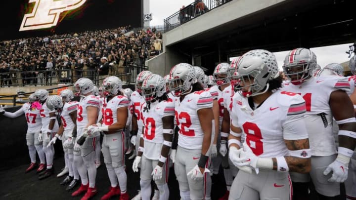 Oct. 14, 2023; Lafayette, In., USA;The Ohio State Buckeyes prepare to take the field at Ross-Ade Stadium in Lafayette for Saturday's NCAA Division I football game against the Purdue Boilermakers.